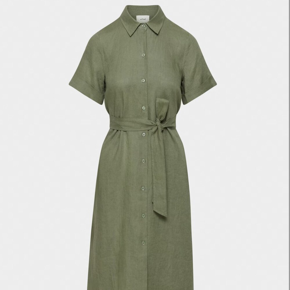🌿 Wilfred Eleta Linen Maxi Shirt Dress – Bitter Sage, Size XXS